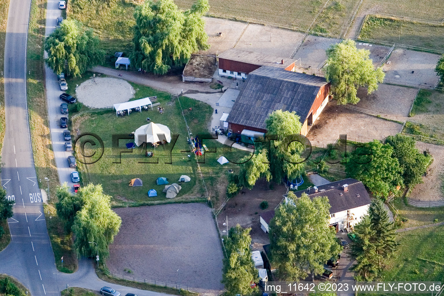 Reithof Trab eV therapeutic riding on Lake Constance in the district Wollmatingen in Konstanz in the state Baden-Wuerttemberg, Germany from above