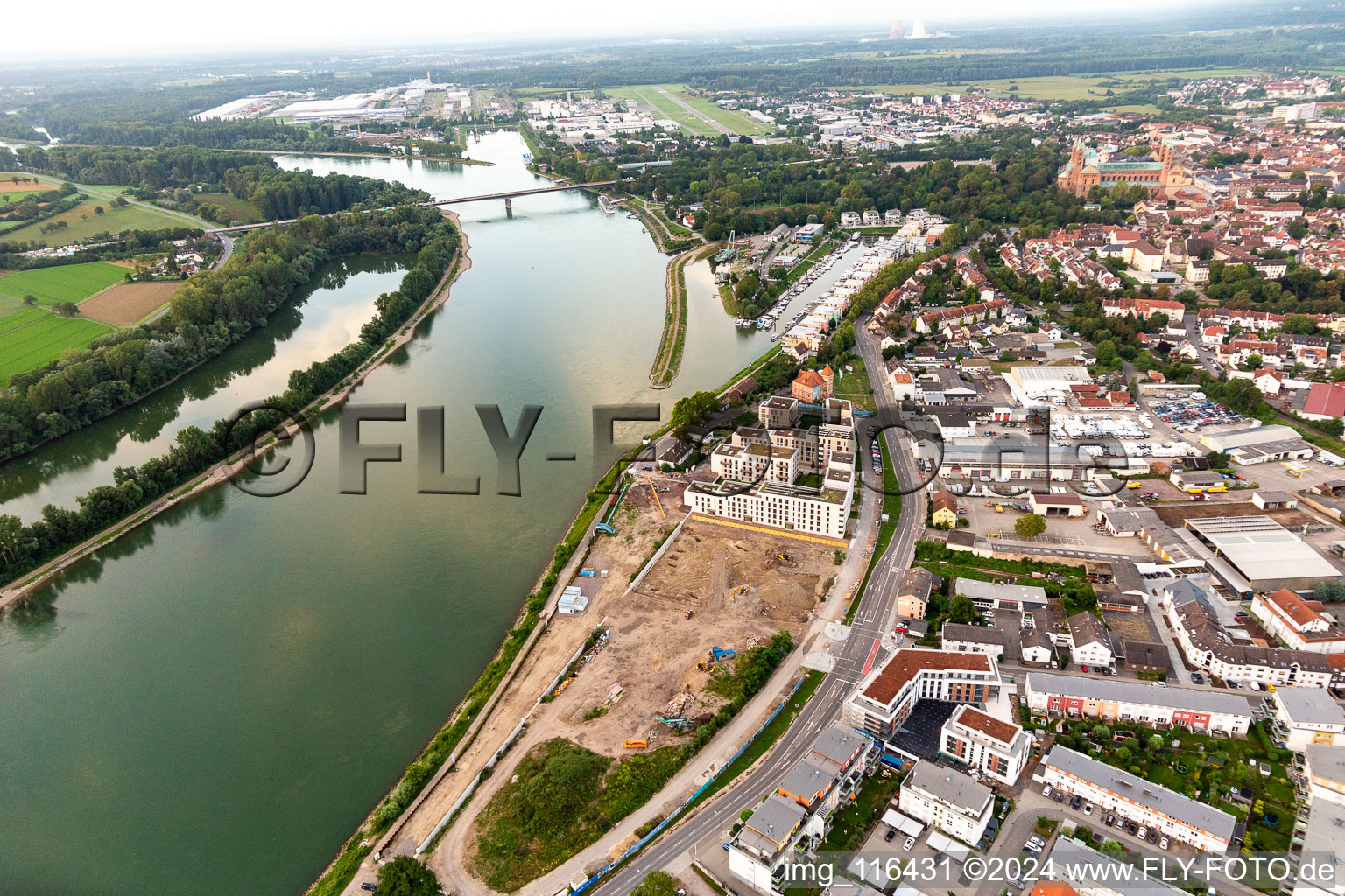 Aerial view of Residential and commercial building in the development area on the riverside Rhine: Alte Ziegelei / Franz-Kirmeier-Strasse in Speyer in the state Rhineland-Palatinate, Germany