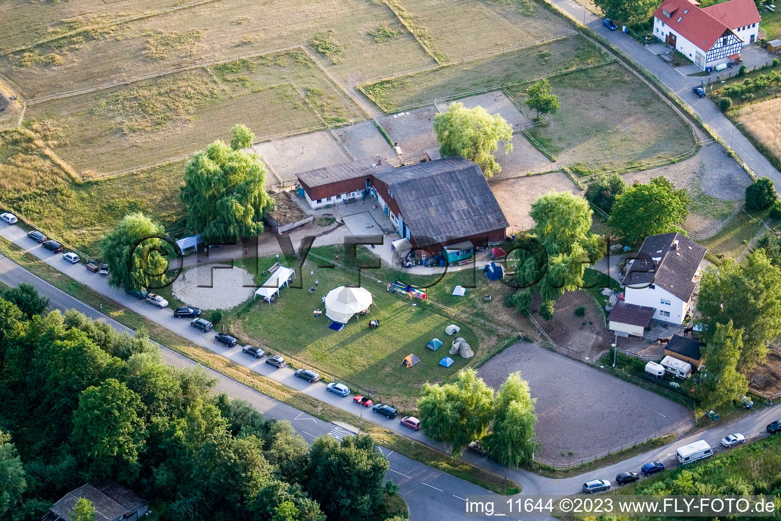 Reithof Trab eV therapeutic riding on Lake Constance in the district Wollmatingen in Konstanz in the state Baden-Wuerttemberg, Germany seen from above