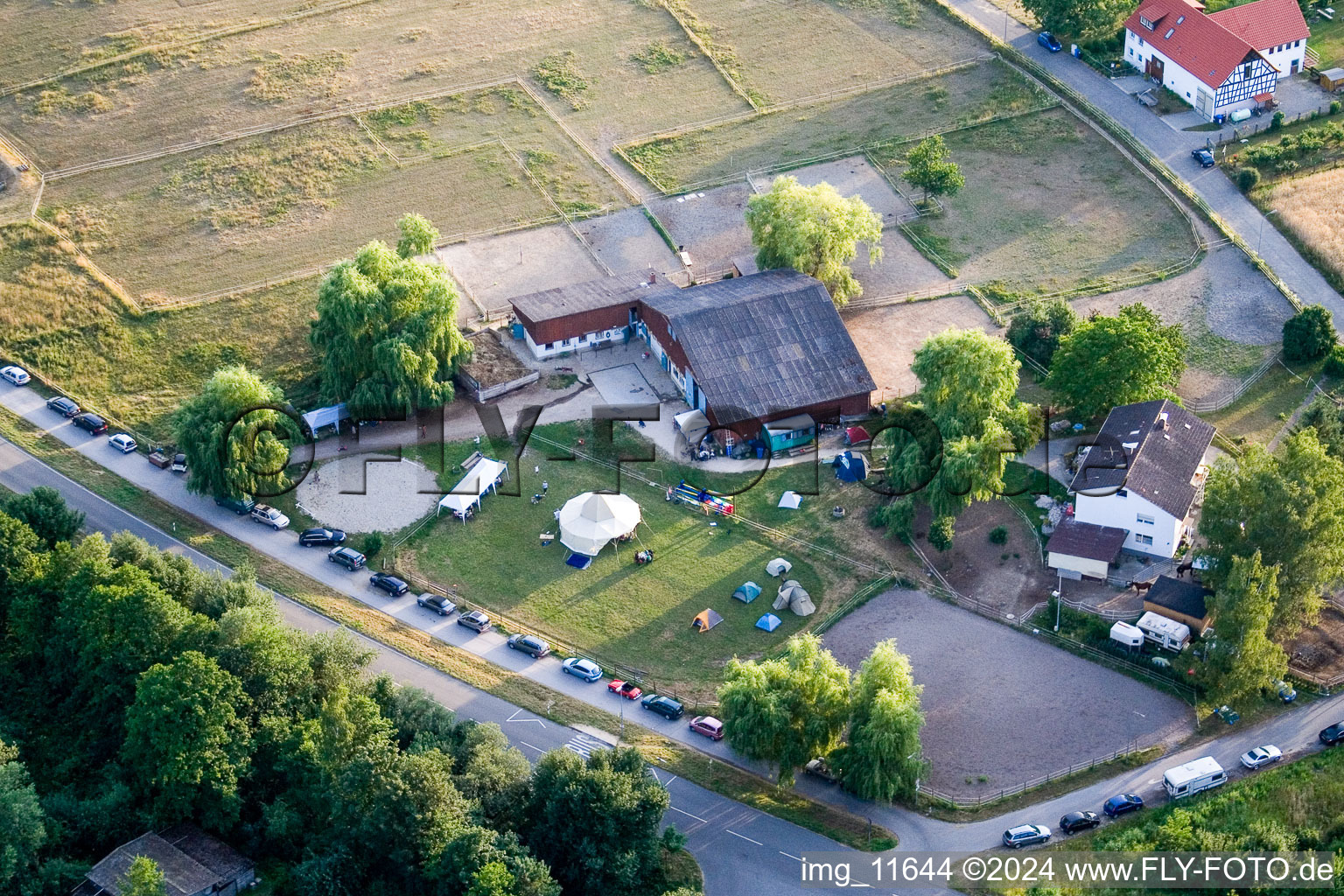 Reithof Trab eV therapeutic riding on Lake Constance in the district Wollmatingen in Konstanz in the state Baden-Wuerttemberg, Germany seen from above