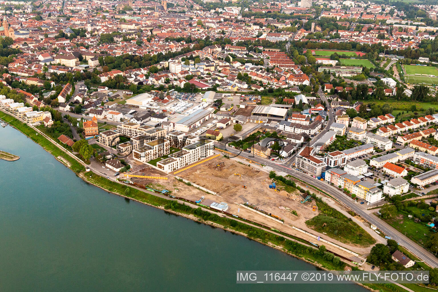 Residential building project on the banks of the Rhine in Speyer: Old Brickworks / Franz-Kirmeier-Straße in Speyer in the state Rhineland-Palatinate, Germany from above