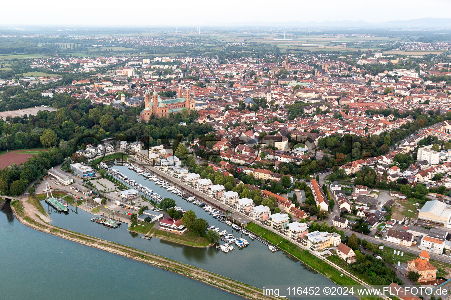 Aerial view of Pleasure boat marina with docks and moorings on the shore area of alten Hafen on Rhein in Speyer in the state Rhineland-Palatinate, Germany