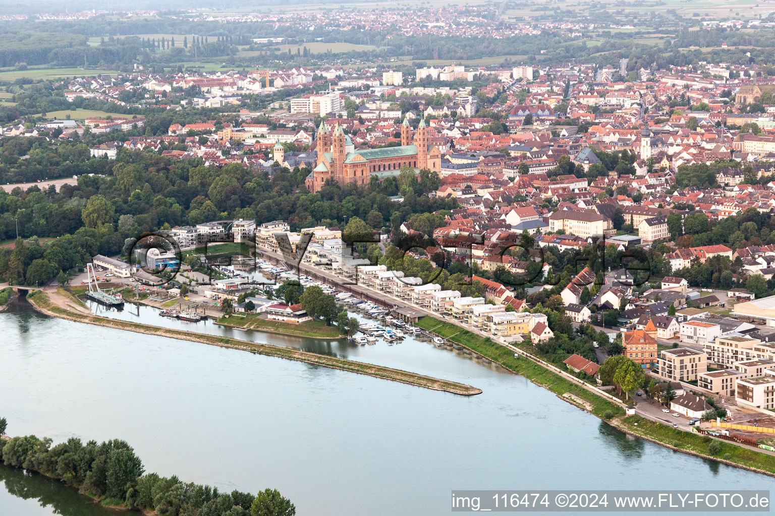 Aerial photograpy of Pleasure boat marina with docks and moorings on the shore area of alten Hafen on Rhein in Speyer in the state Rhineland-Palatinate, Germany