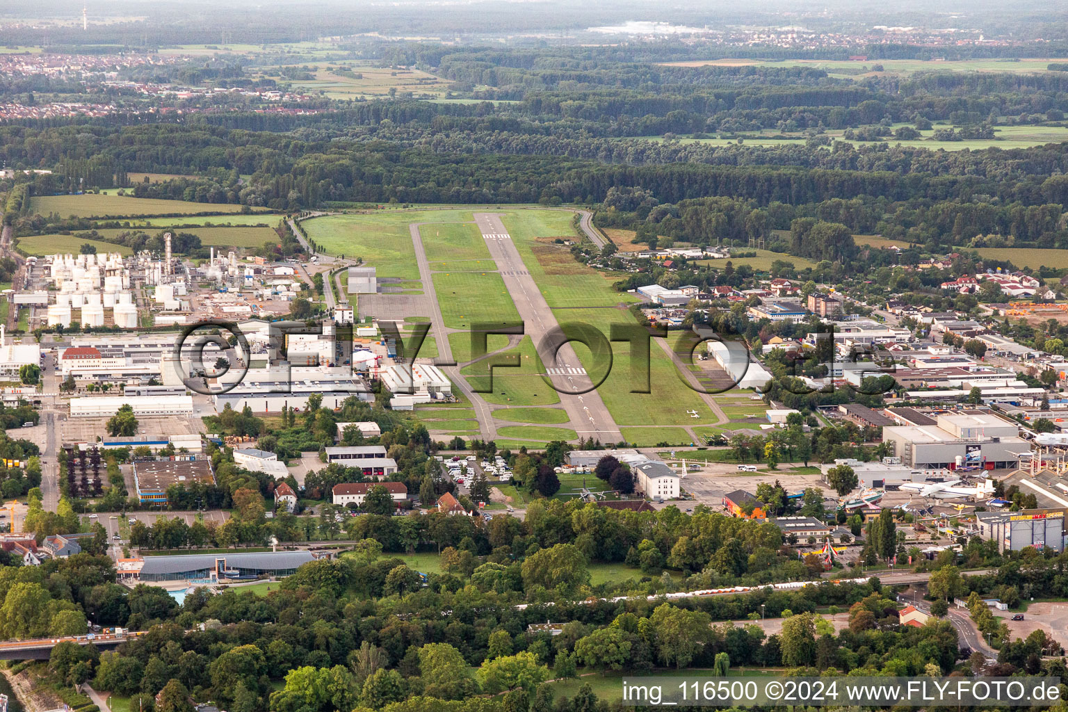 Runway with tarmac terrain of airfield Speyer Ludwigshafen GmbH in Speyer in the state Rhineland-Palatinate, Germany