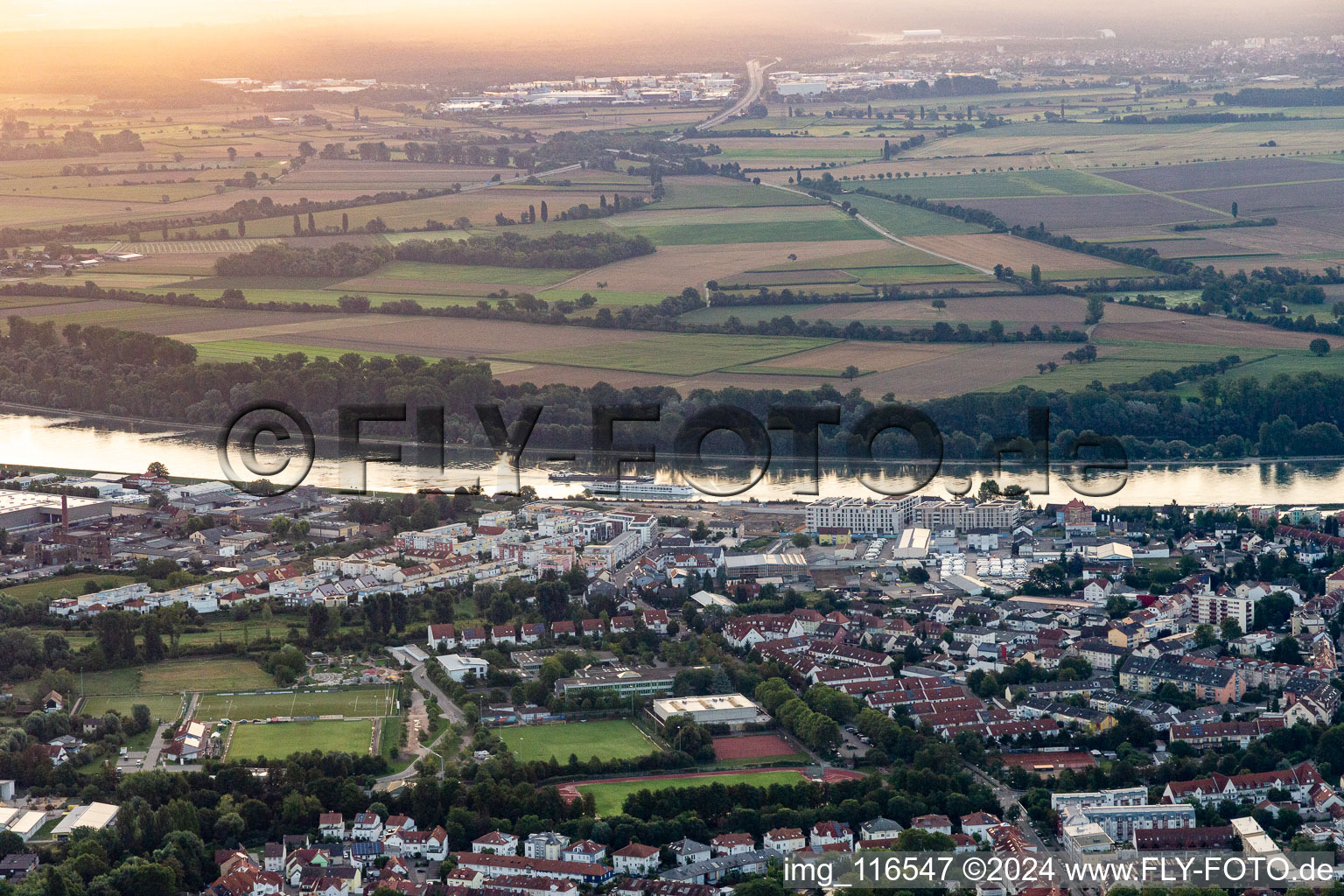 Aerial view of Rhine bank in Speyer in the state Rhineland-Palatinate, Germany