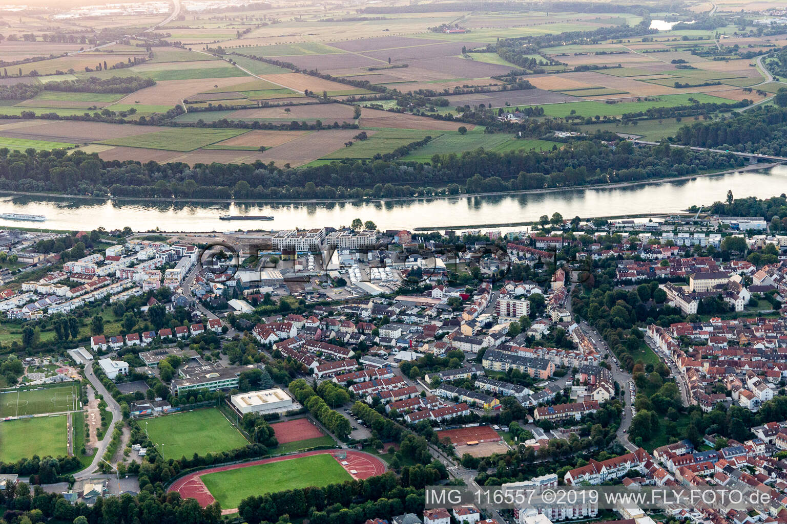 Aerial photograpy of Rhine bank in Speyer in the state Rhineland-Palatinate, Germany
