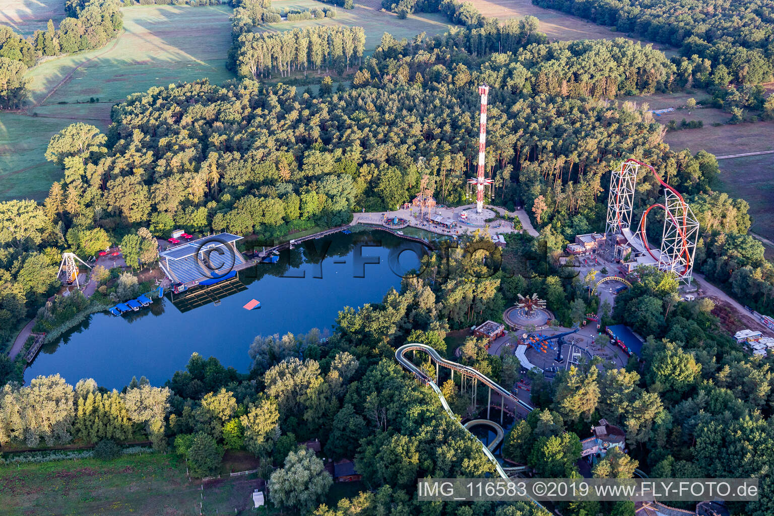 Aerial view of Leisure Centre - Amusement Park " Holiday Park " in Hassloch in the state Rhineland-Palatinate, Germany
