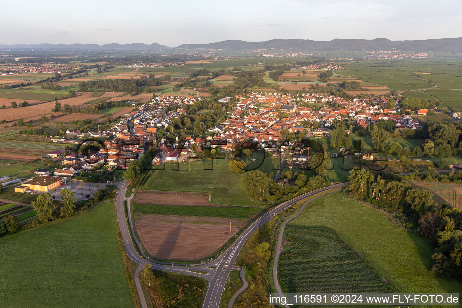 Agricultural land and field borders surround the settlement area of the village in Geinsheim in the state Rhineland-Palatinate, Germany out of the air