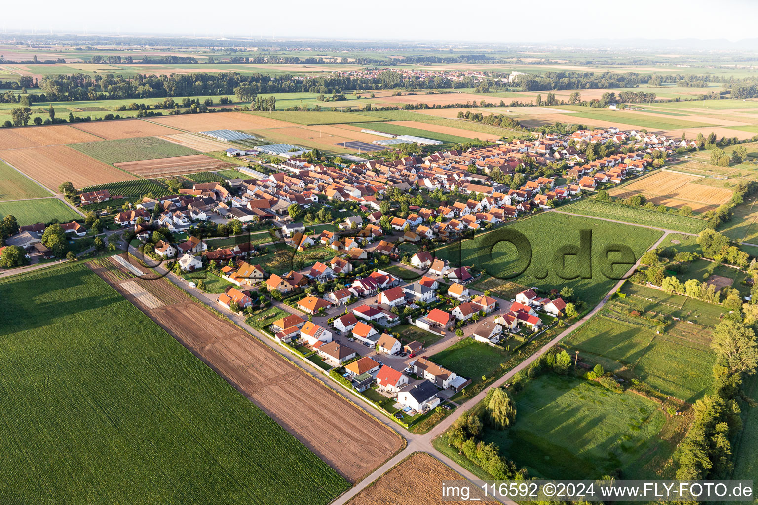 Agricultural land and field borders surround the settlement area of the village in Boebingen in the state Rhineland-Palatinate, Germany from above
