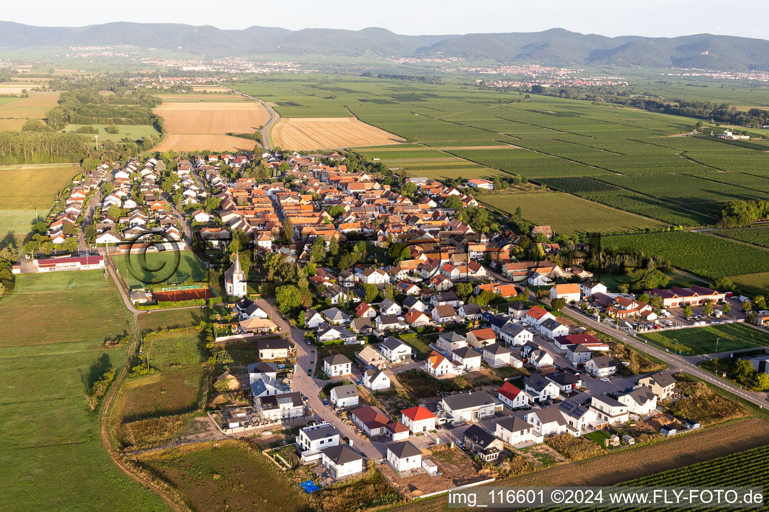 Oblique view of Agricultural land and field borders surround the settlement area of the village in Altdorf in the state Rhineland-Palatinate, Germany