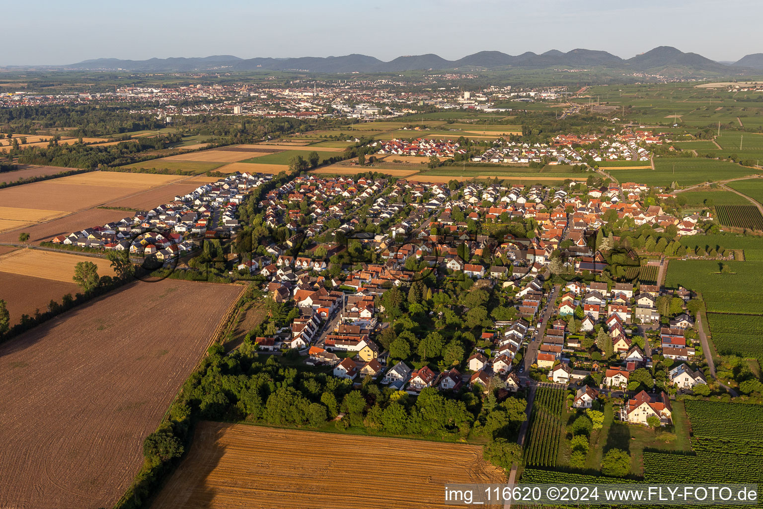 Agricultural land and field borders surround the settlement area of the village in Bornheim in the state Rhineland-Palatinate, Germany