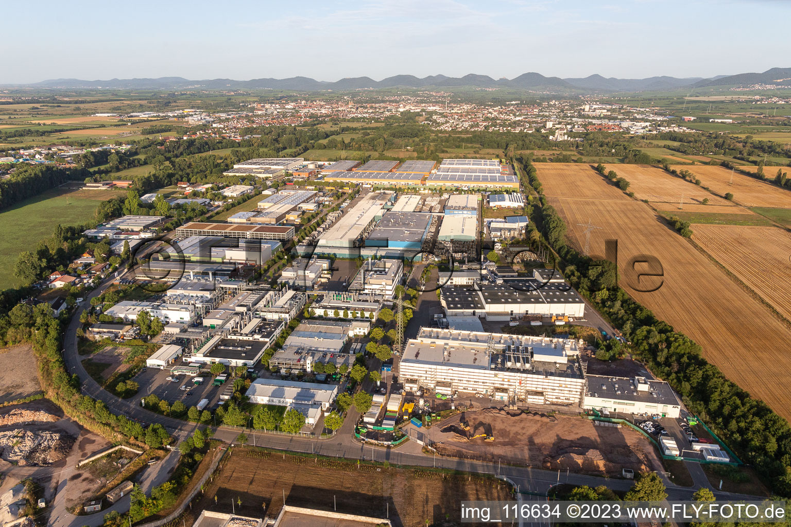 Aerial photograpy of Industrial and commercial area Landau Ost with Michelin Tires and APL Automobil-Prueftechnik Landau GmbH in Landau in der Pfalz in the state Rhineland-Palatinate, Germany