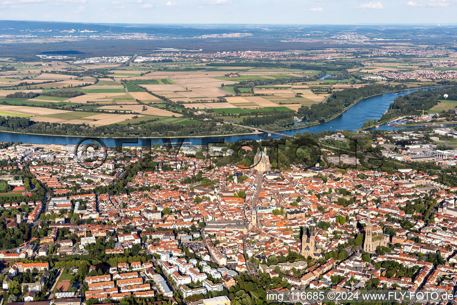 Aerial view of Famous promenade and shopping street Maximilianstreet from the dome til the Altpoertel in Speyer in the state Rhineland-Palatinate, Germany