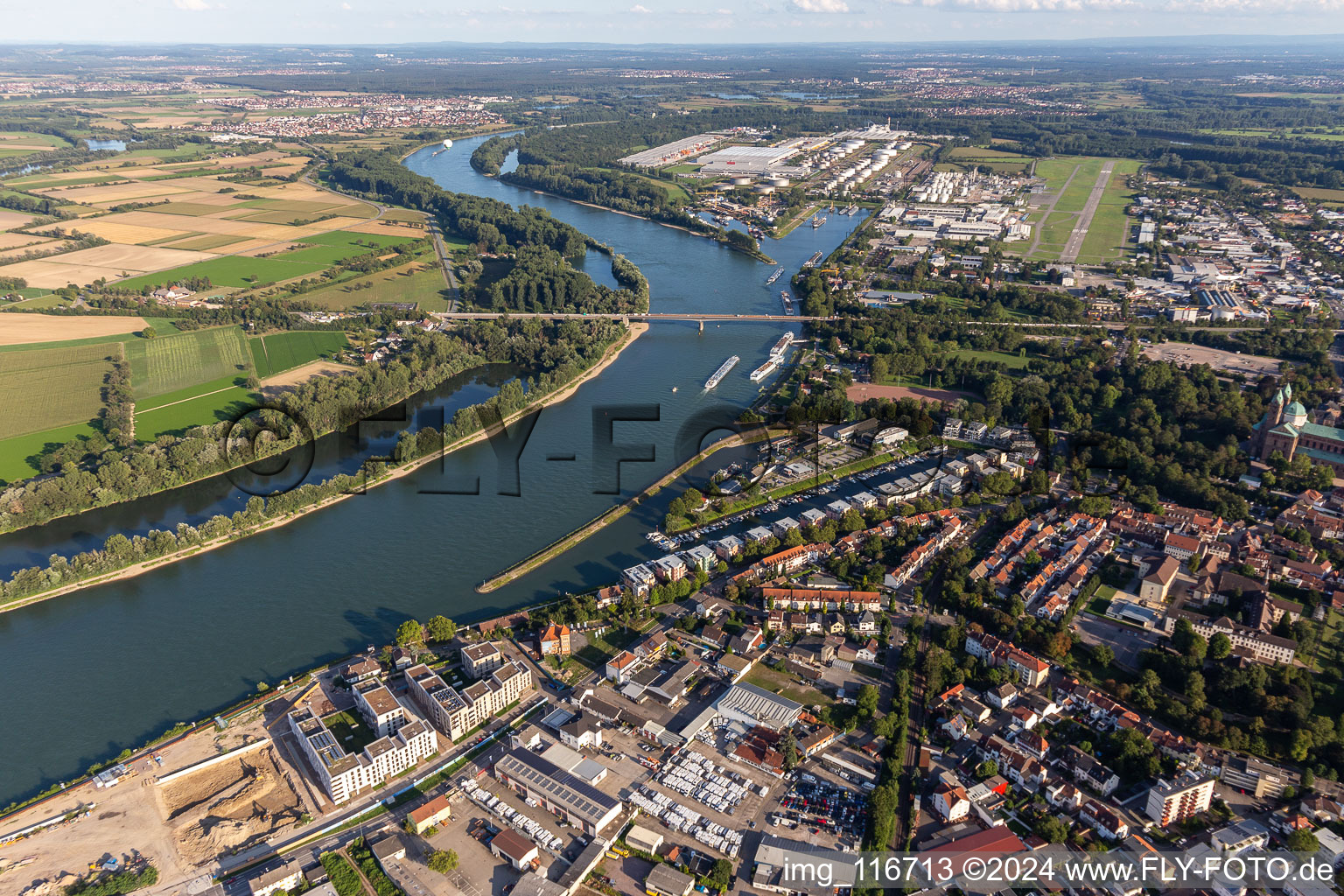 Pleasure boat marina with docks and moorings on the shore area of alten Hafen on Rhein in Speyer in the state Rhineland-Palatinate, Germany from above