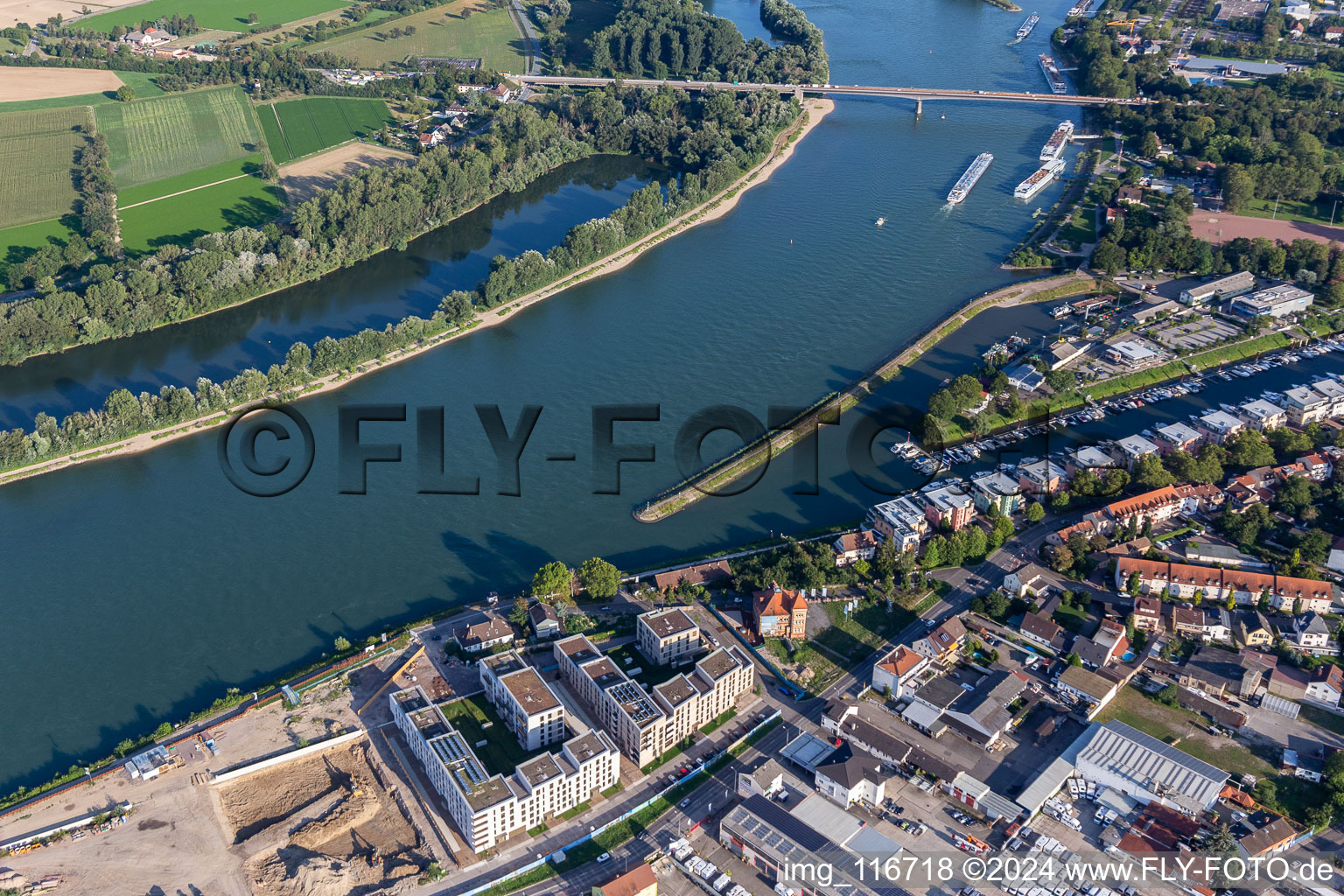 Pleasure boat marina with docks and moorings on the shore area of alten Hafen on Rhein in Speyer in the state Rhineland-Palatinate, Germany out of the air