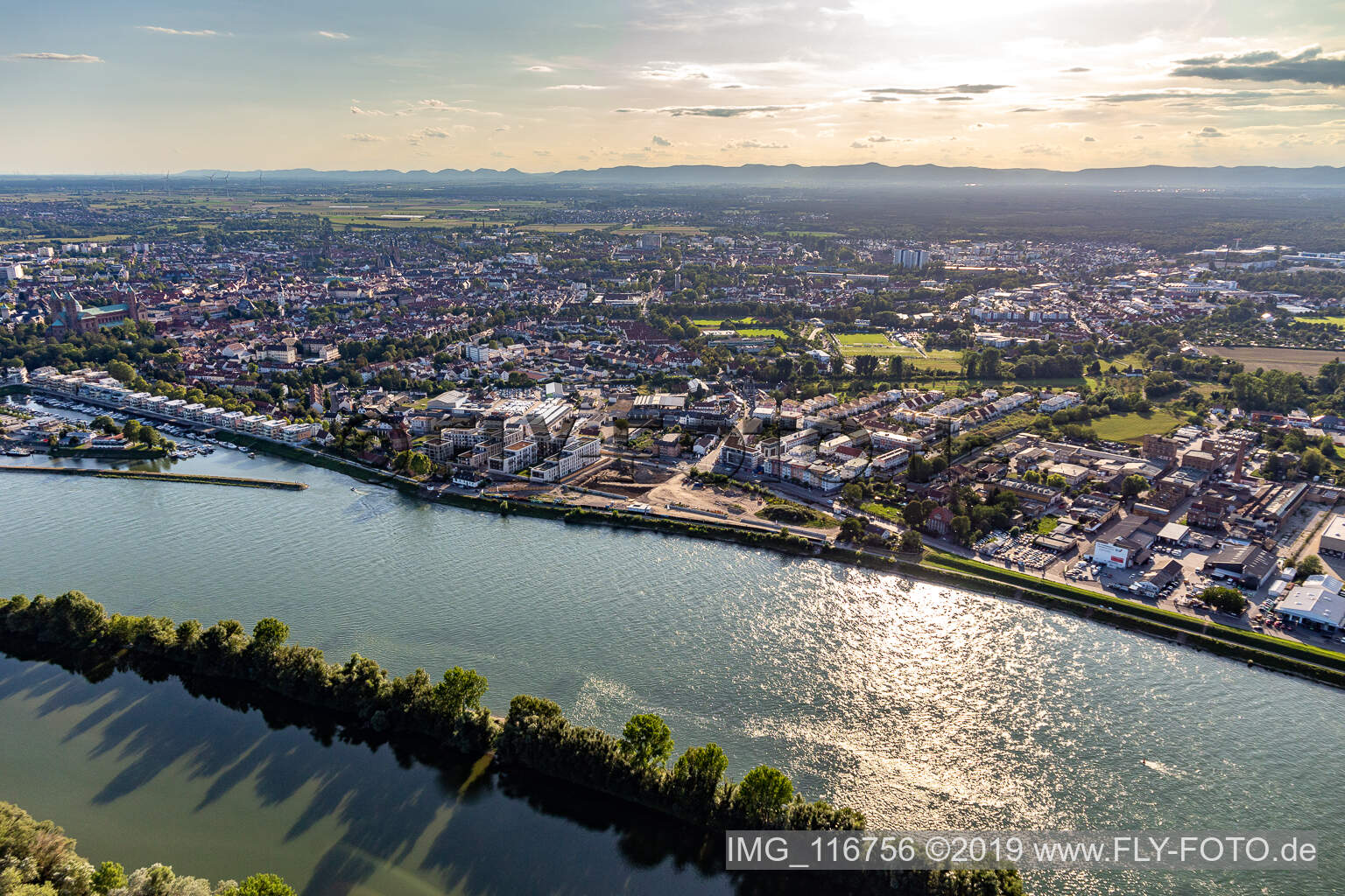 Aerial photograpy of Residential and commercial building in the development area on the riverside Rhine: Alte Ziegelei / Franz-Kirmeier-Strasse in Speyer in the state Rhineland-Palatinate, Germany