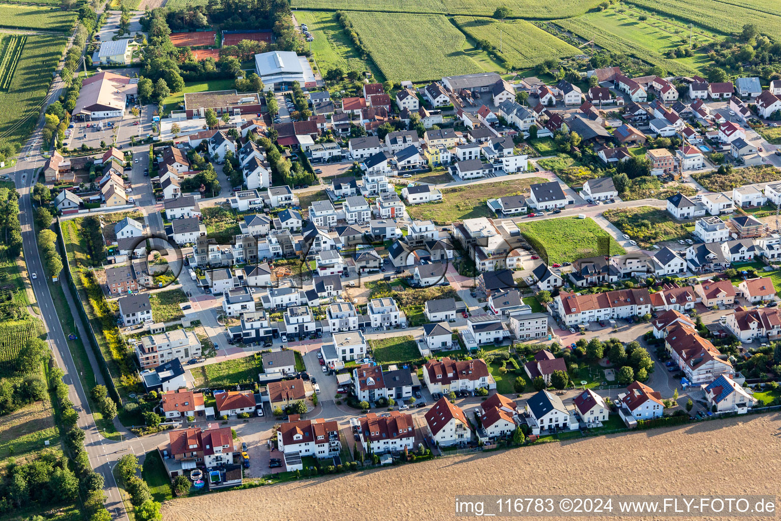 Aerial view of New development area Staufer/Habsburgerstr in the district Heiligenstein in Römerberg in the state Rhineland-Palatinate, Germany