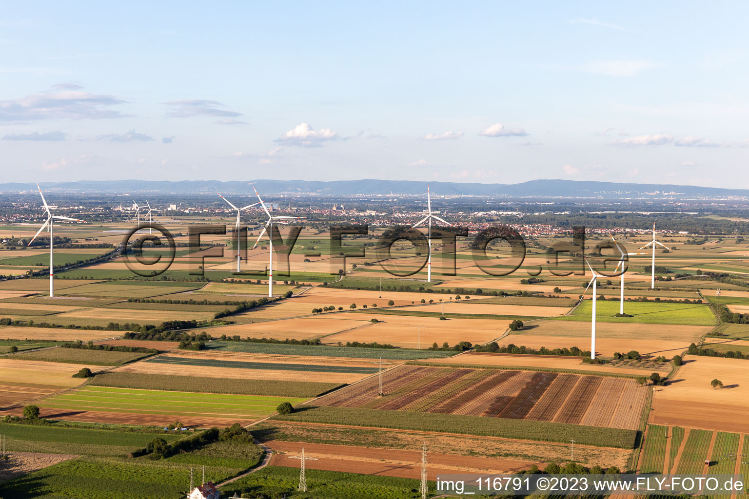 Wind turbines in the district Heiligenstein in Römerberg in the state Rhineland-Palatinate, Germany