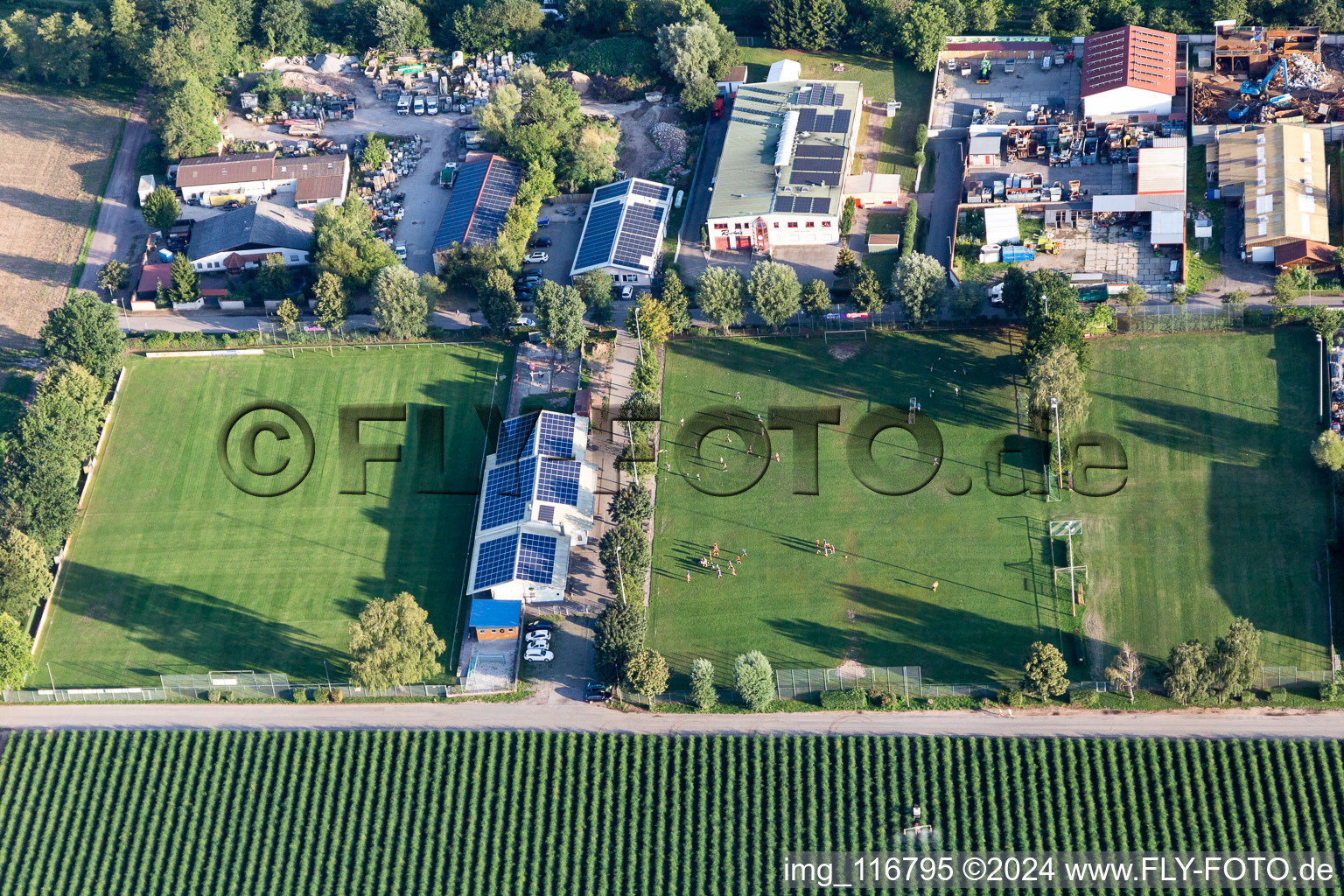 Aerial view of FC Lustadt eV in Lustadt in the state Rhineland-Palatinate, Germany