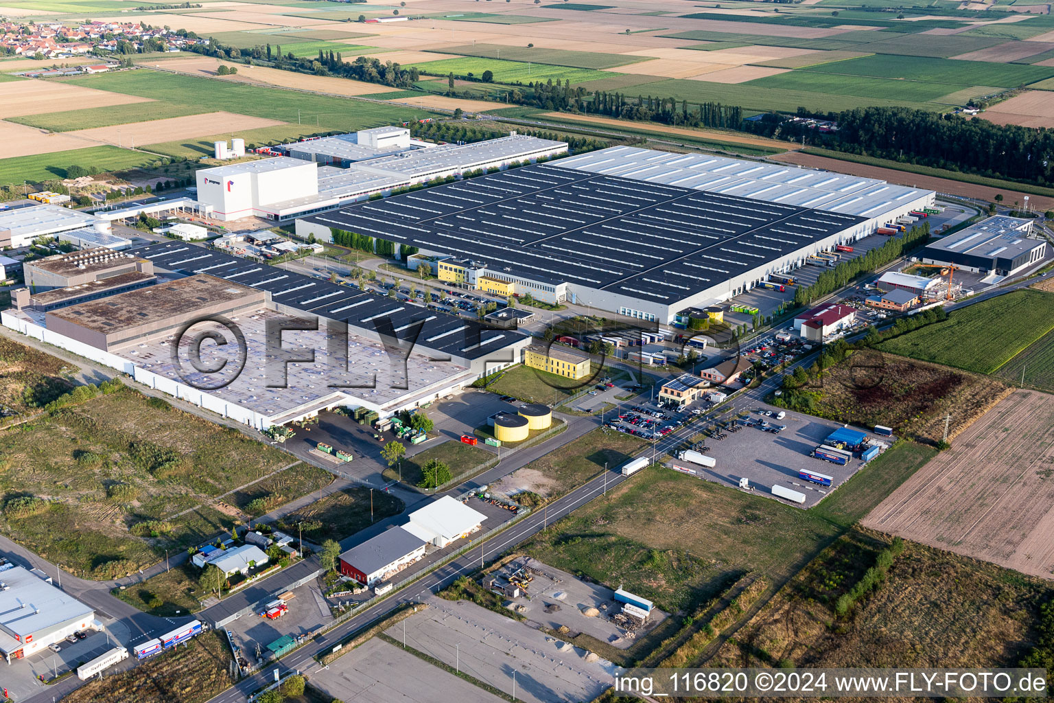 Aerial photograpy of High-bay warehouse building complex and logistics center on the premises of Merceof Benz Spare Part storage in Offenbach an der Queich in the state Rhineland-Palatinate, Germany