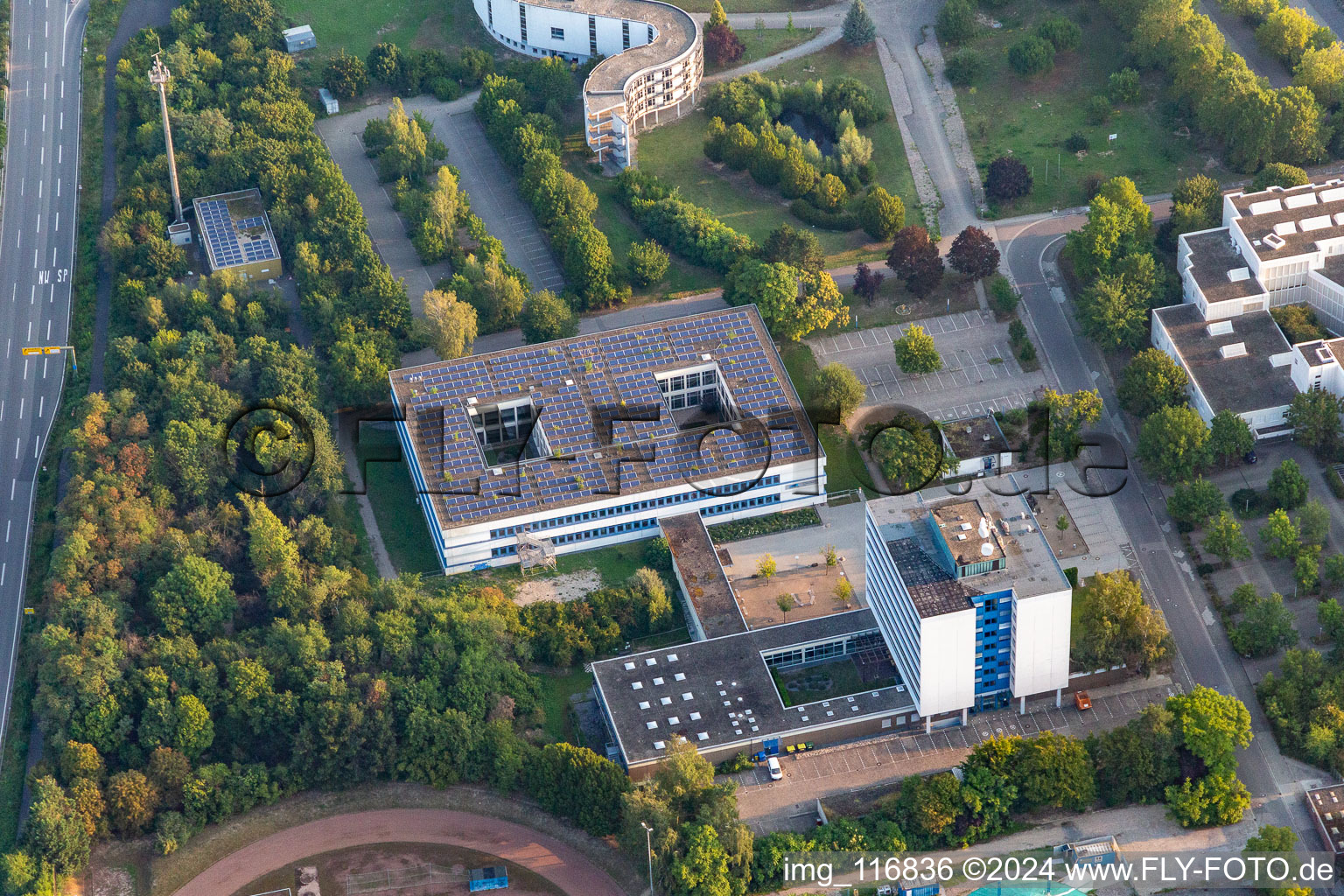 Aerial view of Curved Building complex of the Pedagogic Landesinstitut Rheinland-Pfalz in Speyer in the state Rhineland-Palatinate, Germany