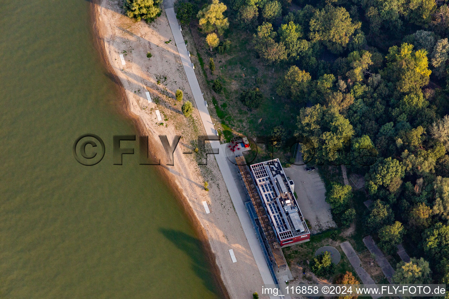 Sandy beach areas on the Rhine with Strandbad-Mannheim-Neckarau and Restaurant Purino in Mannheim in the state Baden-Wurttemberg, Germany