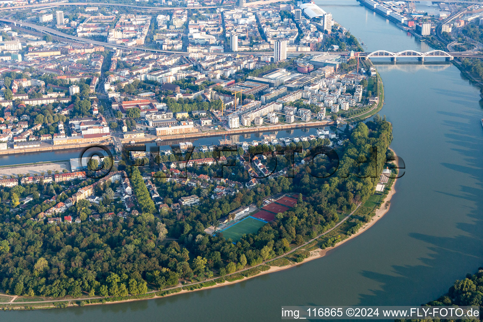 Aerial view of Parkinsel City Park on the Rhine in the district Süd in Ludwigshafen am Rhein in the state Rhineland-Palatinate, Germany