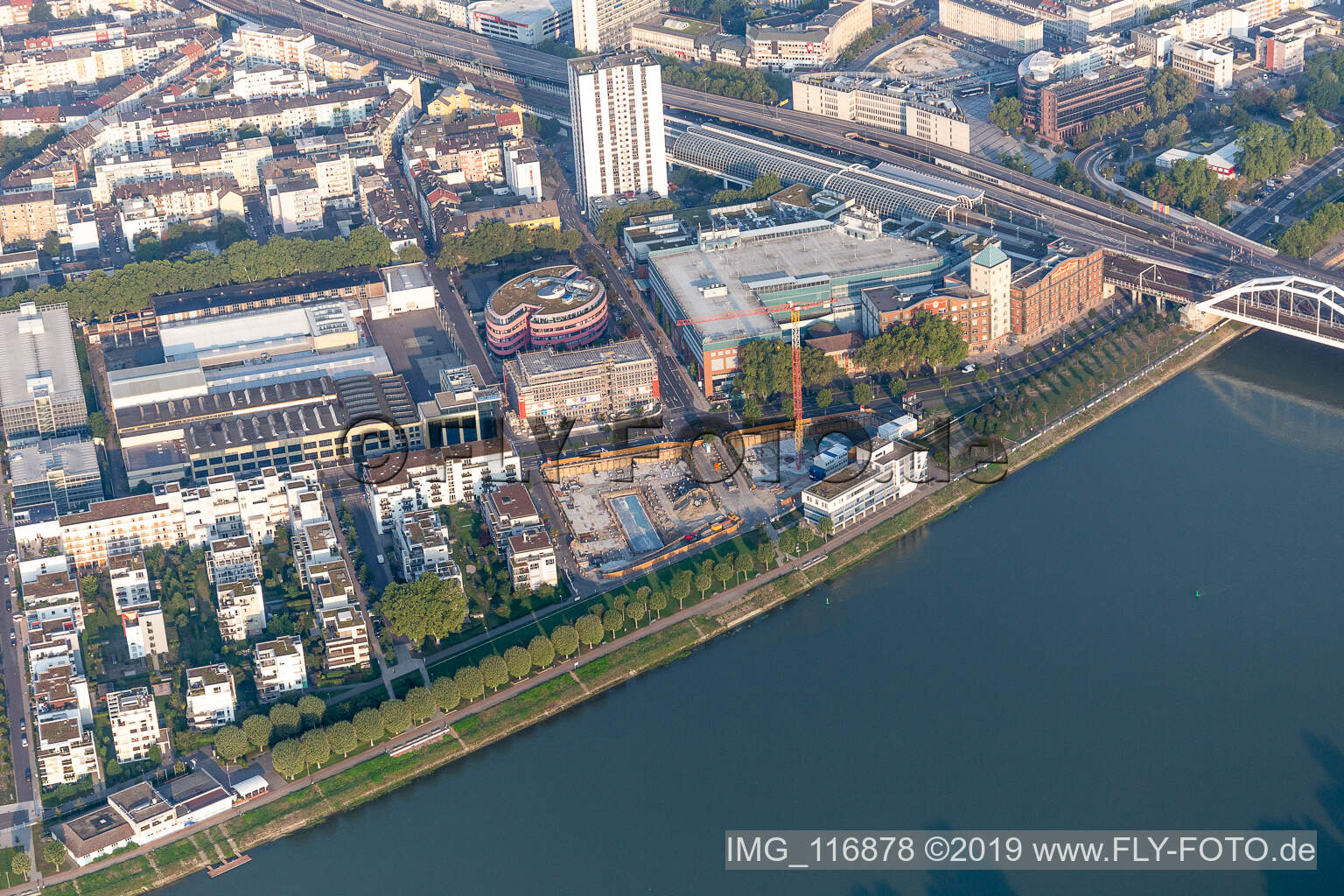 Aerial view of Residential and commercial building in the development area on the quayside of the Rhein at the Rheinschanzenpromenade in Ludwigshafen am Rhein in the state Rhineland-Palatinate, Germany