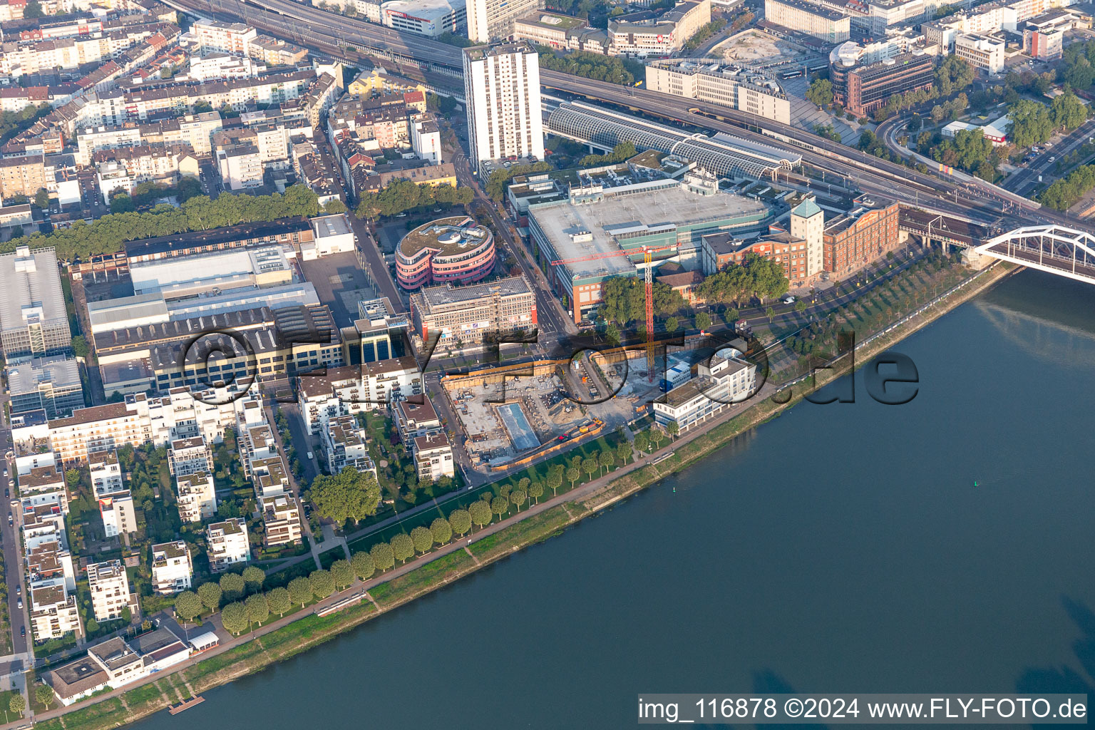 Aerial view of Residential and commercial building in the development area on the quayside of the Rhein at the Rheinschanzenpromenade in Ludwigshafen am Rhein in the state Rhineland-Palatinate, Germany