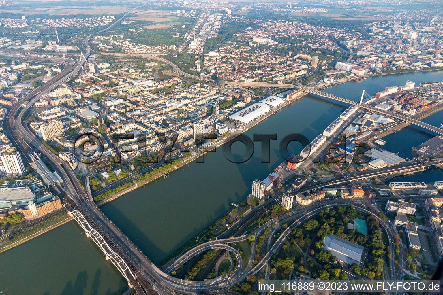 Aerial view of Construction to renovation work on the to be reconstructed road bridges between Mannheim and Ludwigshafen in Ludwigshafen am Rhein in the state Rhineland-Palatinate, Germany