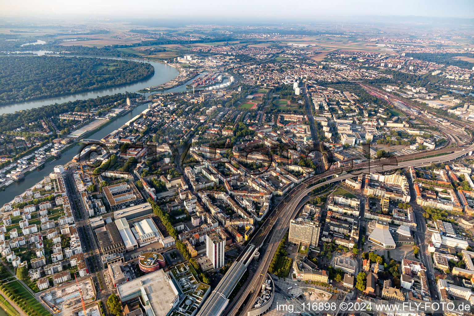 Village center between the banks of the Rhine- river and the railway tracks in Ludwigshafen am Rhein in the state Rhineland-Palatinate, Germany