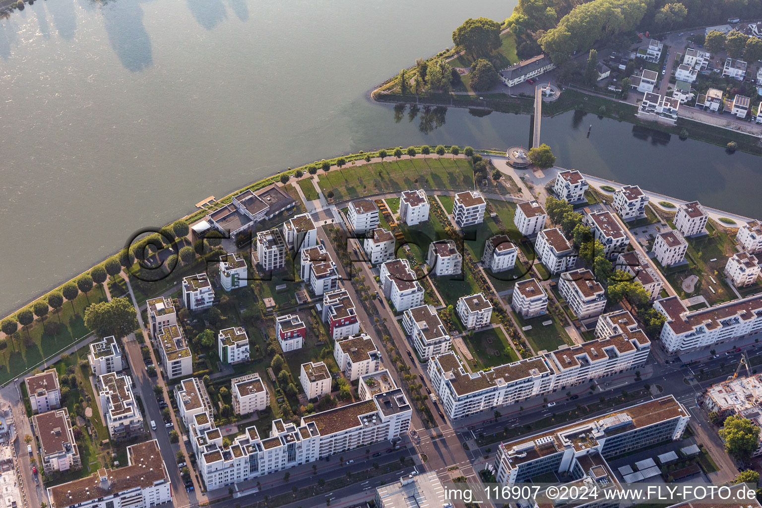 Residential area of the multi-family house settlement on Rheinpromenade - Rheinallee in Ludwigshafen am Rhein in the state Rhineland-Palatinate, Germany from above