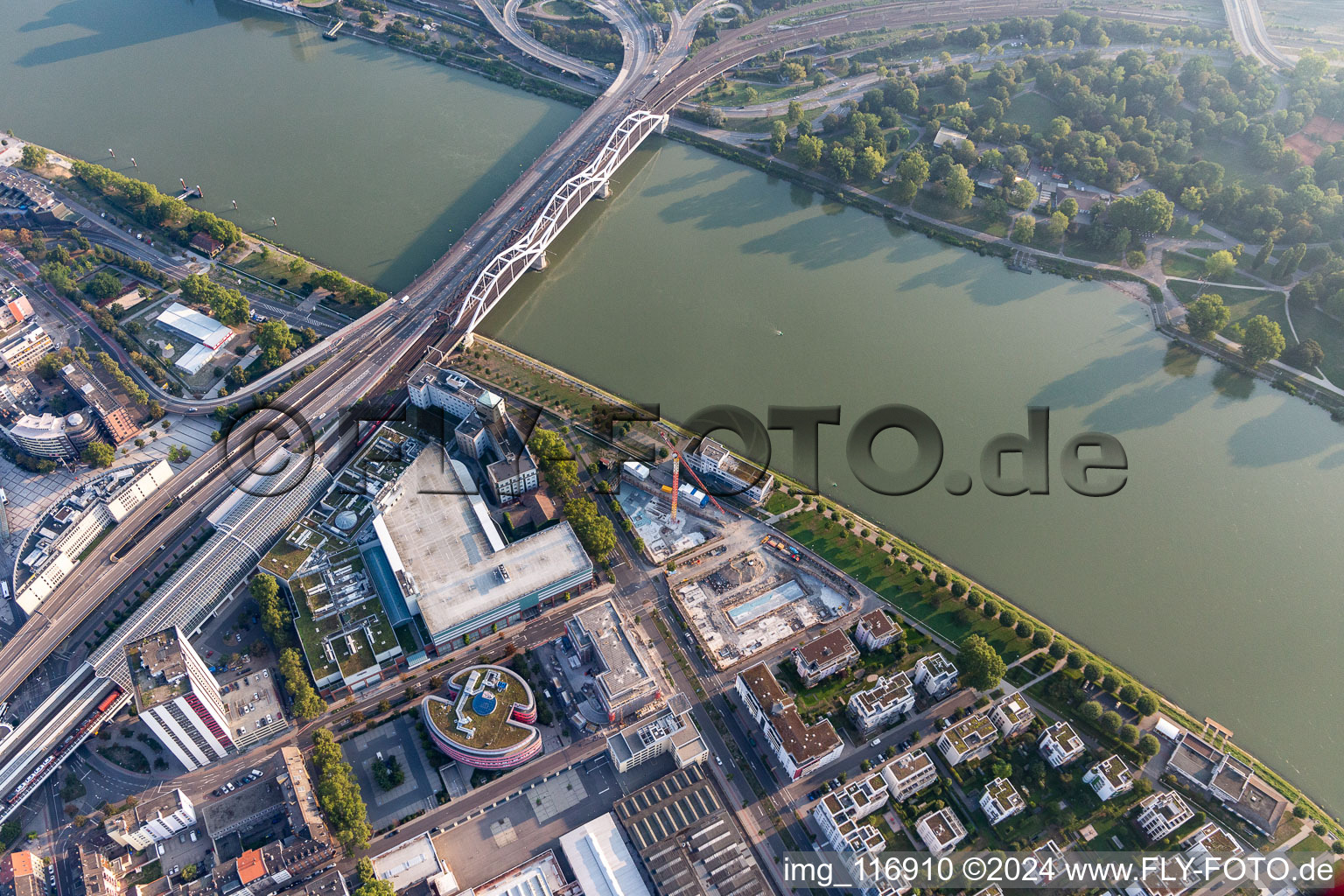 Aerial view of River - bridge construction of the Konrad-Adenauer-bridge for railway and the B37 crossing the Rhine in Ludwigshafen am Rhein in the state Rhineland-Palatinate, Germany