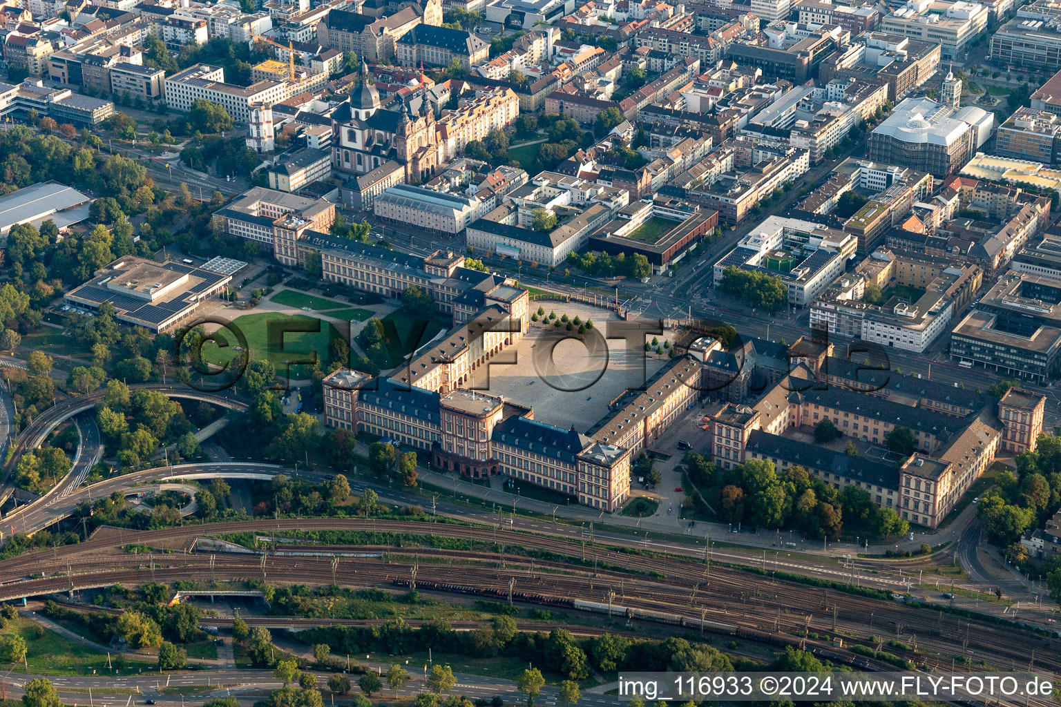 Aerial view of Baroque Castle Mannheim in Mannheim in the state Baden-Wurttemberg, Germany