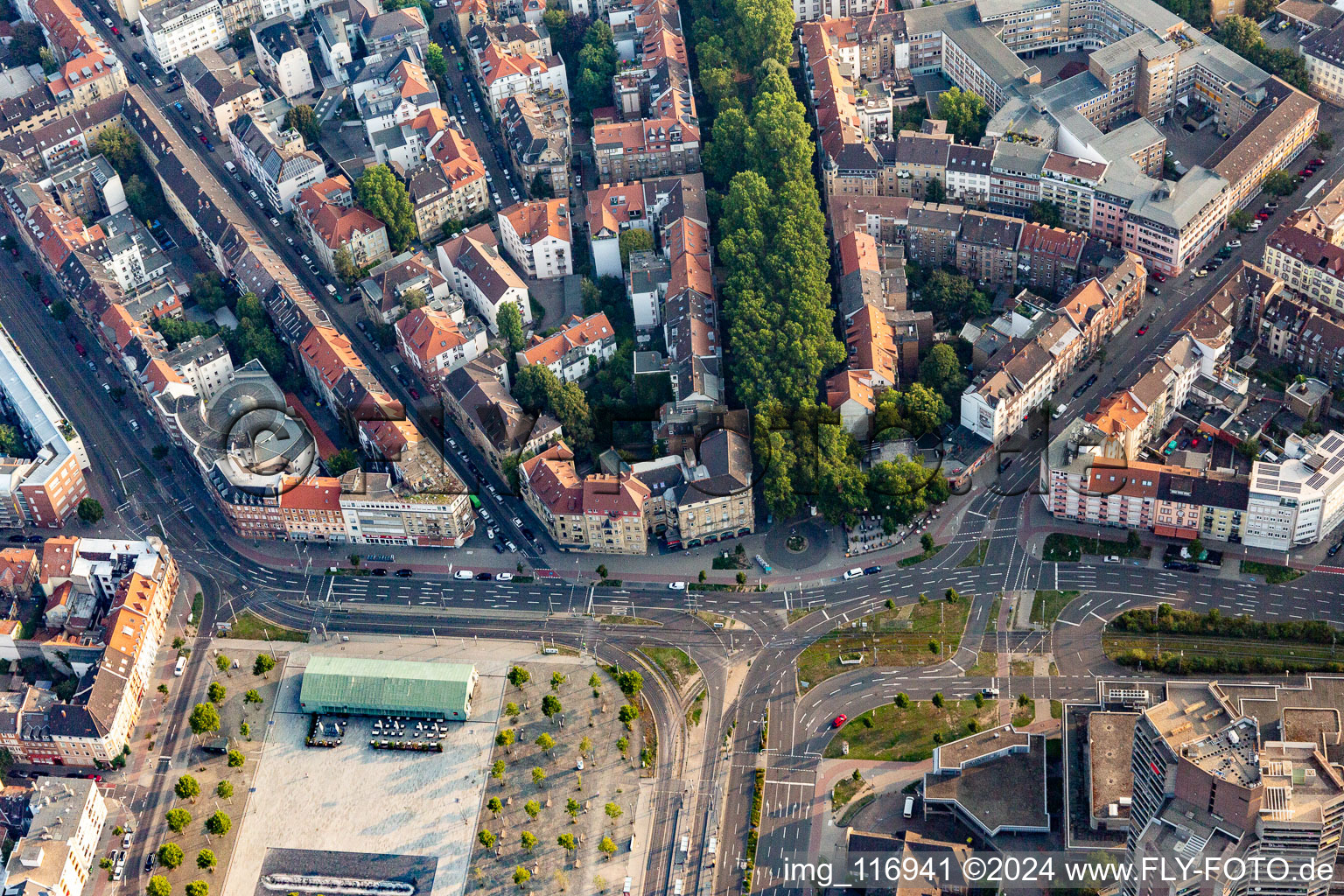 Ensemble space of Old Messplatz and music-hall old fire brigade in the inner city center of district Neckarstadt in Mannheim in the state Baden-Wurttemberg, Germany