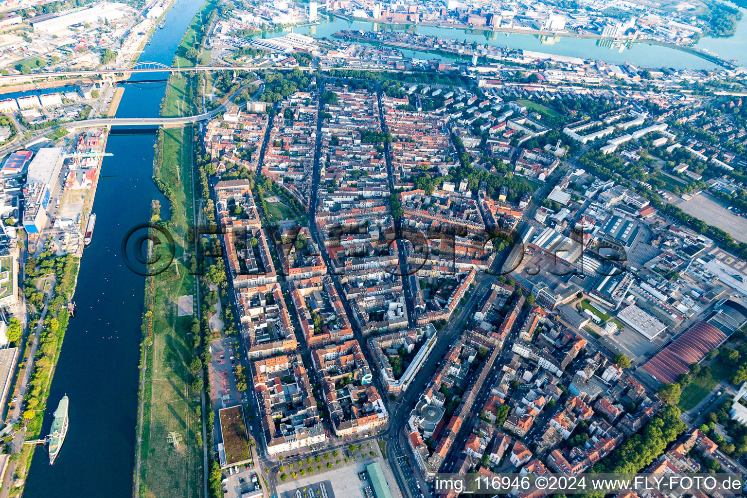 Aerial view of District Neckarstadt-West between old rhine and Neckar river in Mannheim in the state Baden-Wurttemberg, Germany