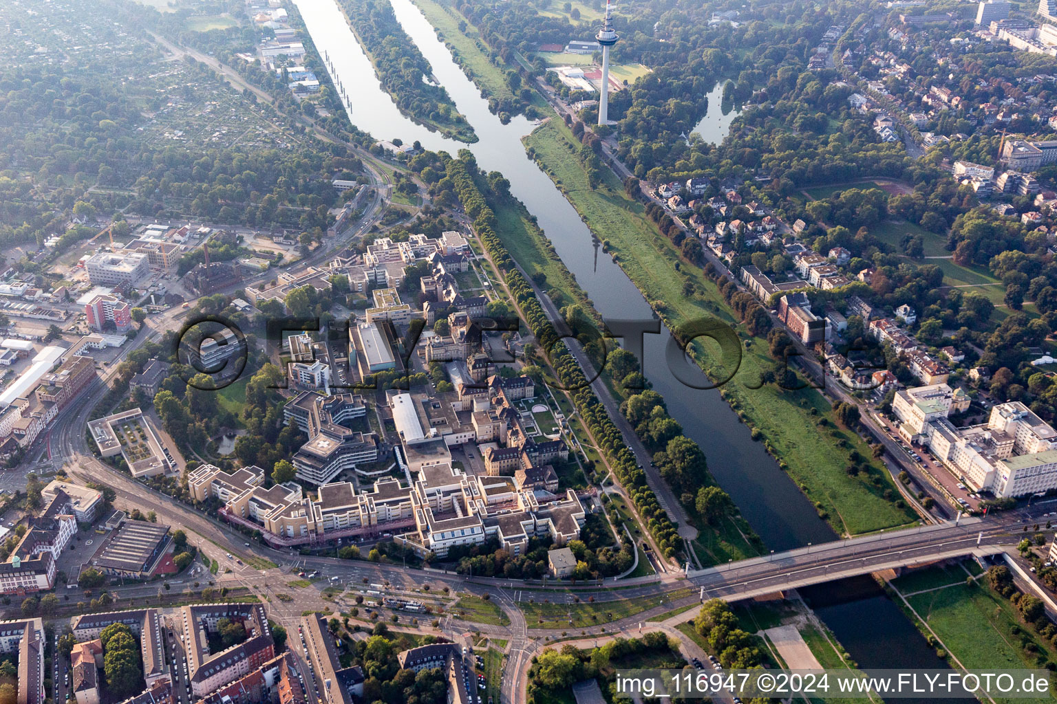 Hospital grounds of the Clinic of Universitaetsklinik and dem Klinikum Mannheim on Ufer of Neckar in Mannheim in the state Baden-Wurttemberg, Germany