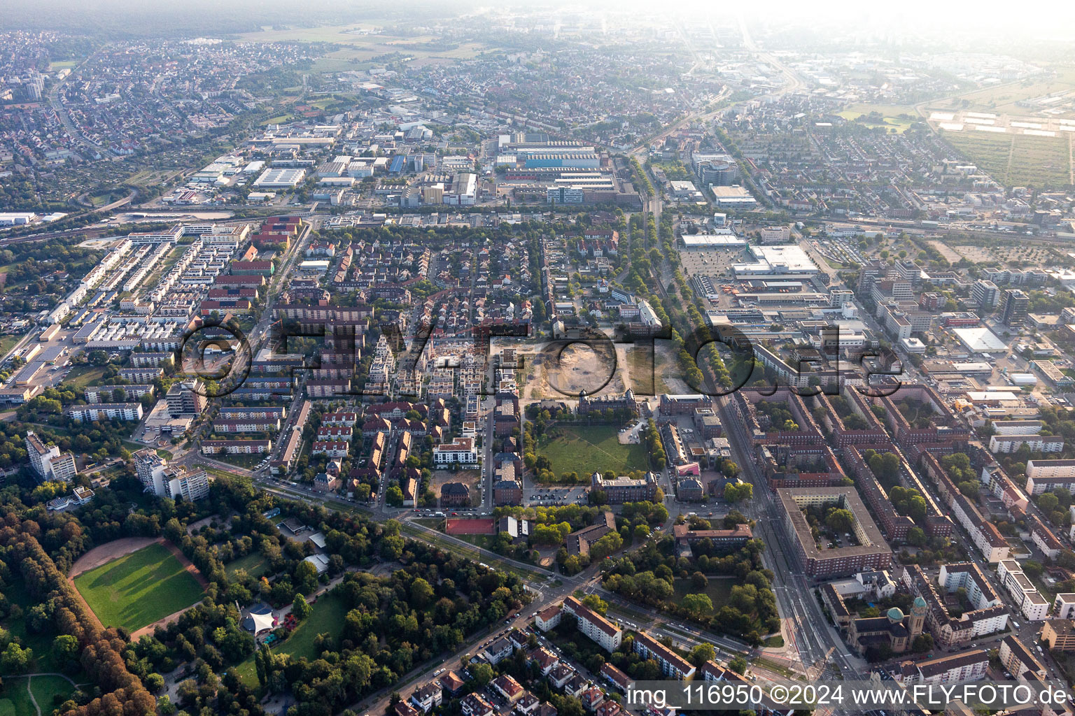 Aerial view of Homerun, former Turley US Barracks in the district Neckarstadt-Ost in Mannheim in the state Baden-Wuerttemberg, Germany