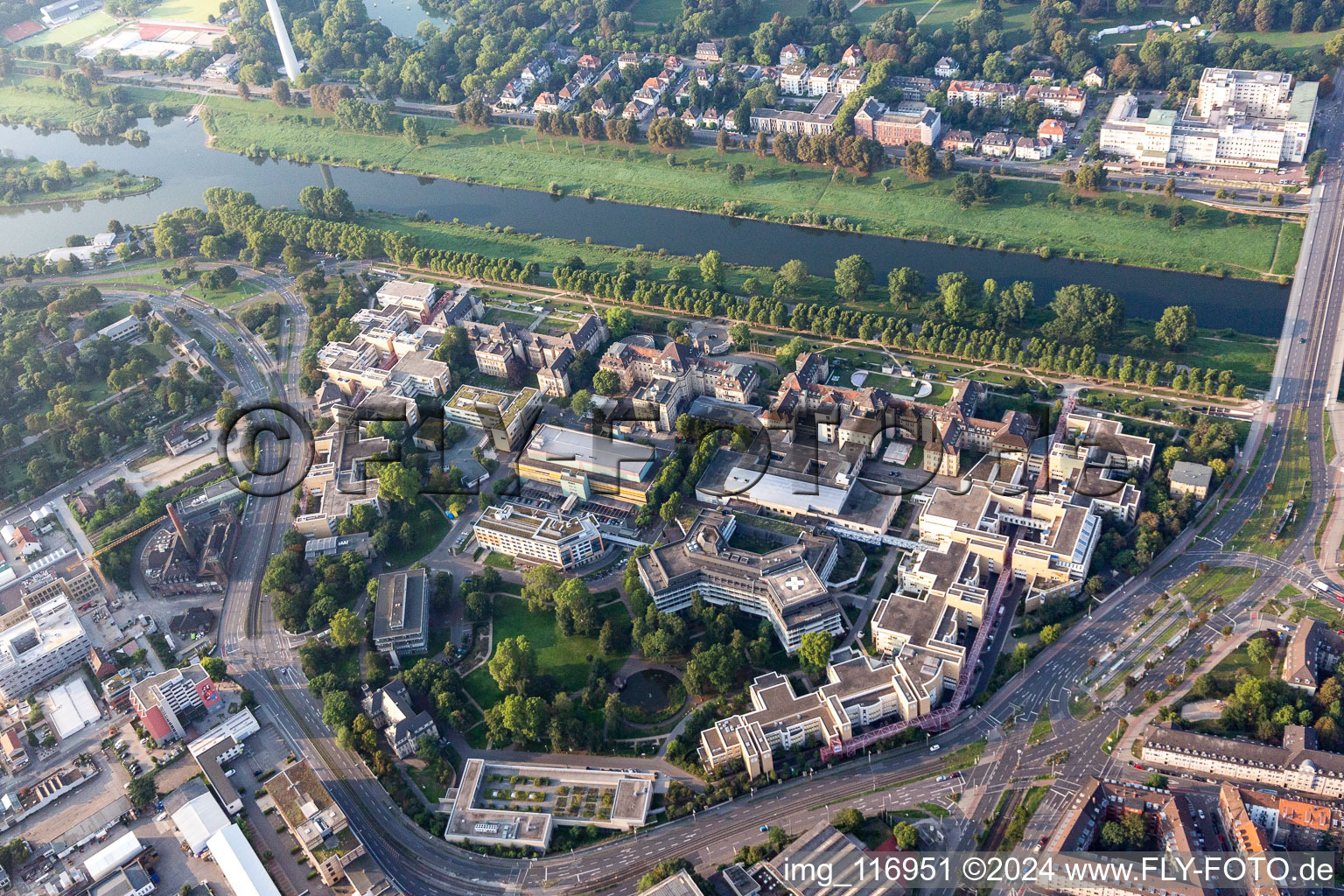 Aerial view of Hospital grounds of the Clinic of Universitaetsklinik and dem Klinikum Mannheim on Ufer of Neckar in Mannheim in the state Baden-Wurttemberg, Germany