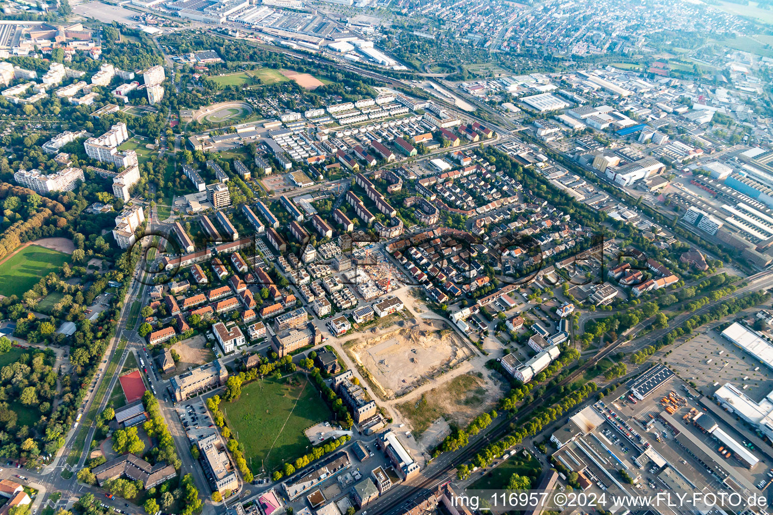 Oblique view of Homerun, former Turley US Barracks in the district Neckarstadt-Ost in Mannheim in the state Baden-Wuerttemberg, Germany