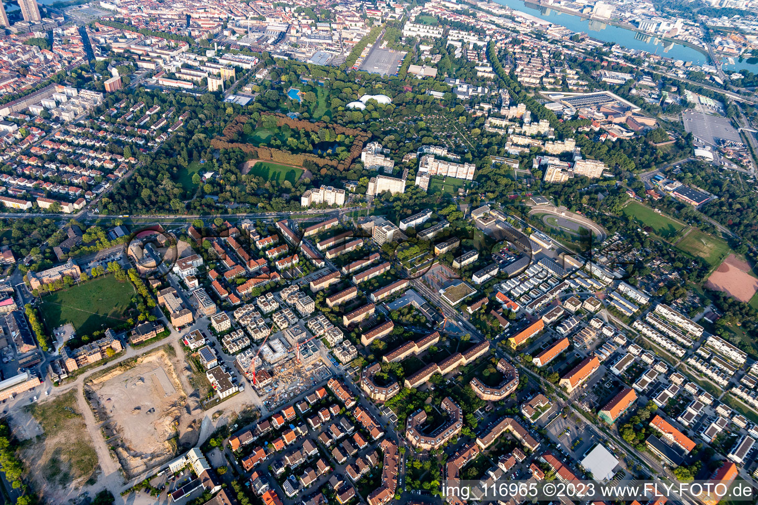 Aerial view of Neckarstadt East, Herzogenriedpark in the district Neckarstadt-Ost in Mannheim in the state Baden-Wuerttemberg, Germany