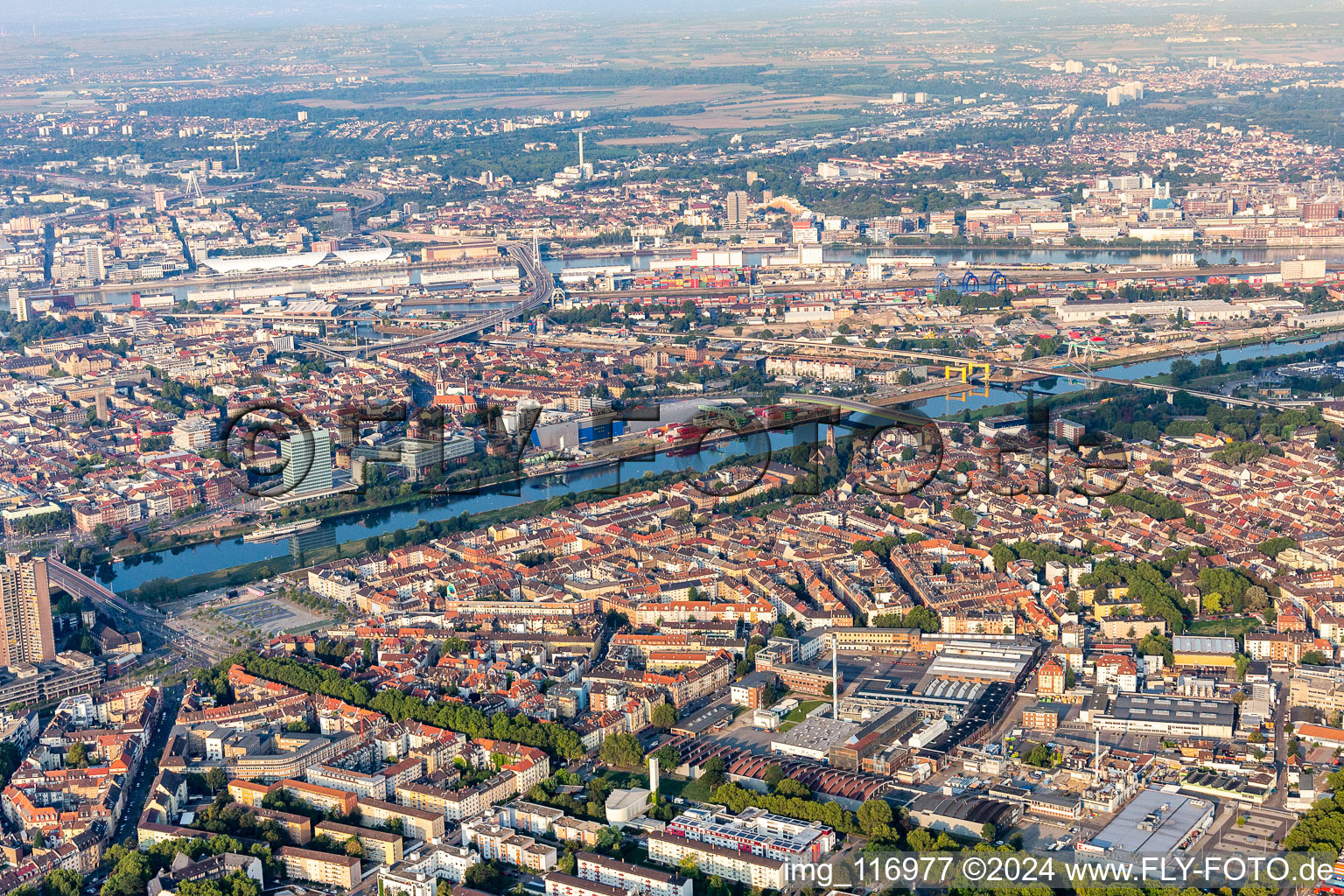 Aerial photograpy of District Neckarstadt-West between old rhine and Neckar river in Mannheim in the state Baden-Wurttemberg, Germany