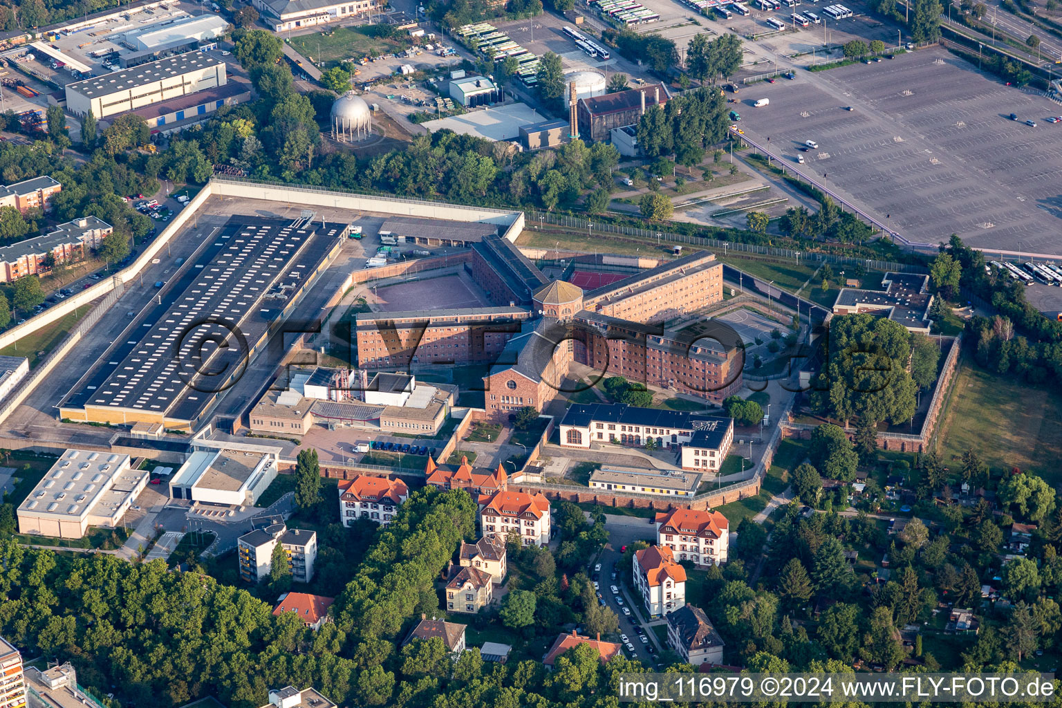 Prison grounds and high security fence Prison on Herzogenriedstrasse in the district Neckarstadt-West in Mannheim in the state Baden-Wurttemberg, Germany