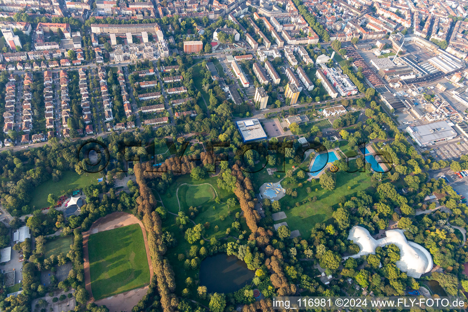 Swimming pool of the Herzogenriedbad in Herzogenriedpark in Mannheim in the state Baden-Wurttemberg, Germany