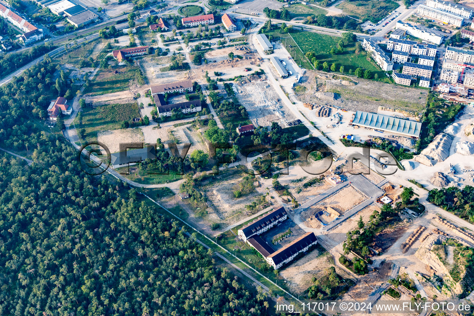 Aerial view of Construction site for the renovation and reconstruction of the former US-military barracks SULLIVAN on Kaefertal Forest in Mannheim in the state Baden-Wurttemberg, Germany