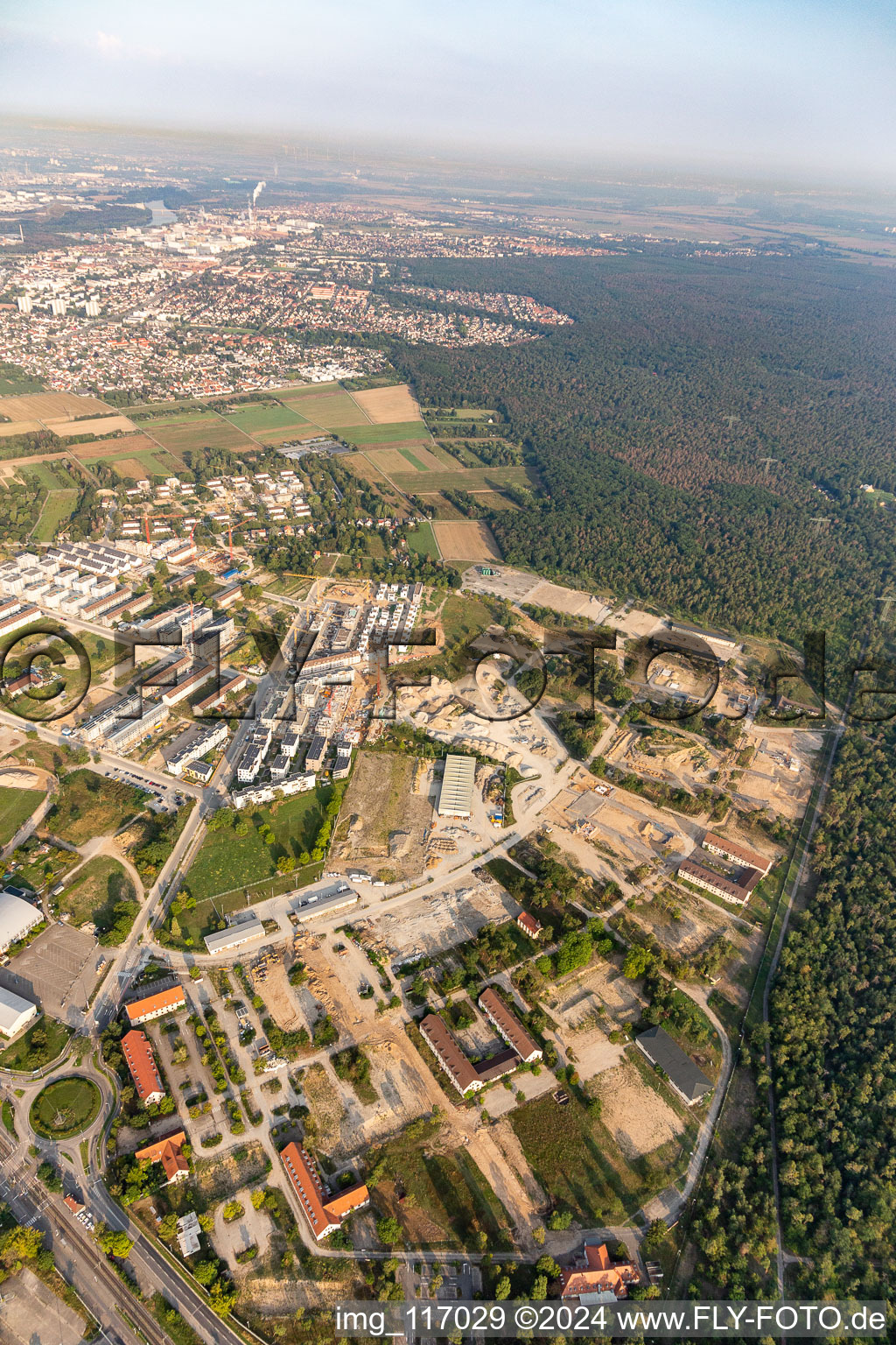 Aerial photograpy of Construction site for the renovation and reconstruction of the former US-military barracks SULLIVAN on Kaefertal Forest in Mannheim in the state Baden-Wurttemberg, Germany