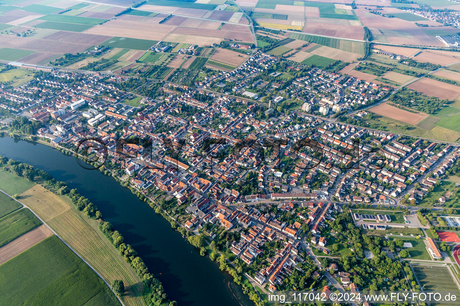 Town on the banks of the river of the river Neckar in Edingen in the state Baden-Wurttemberg, Germany