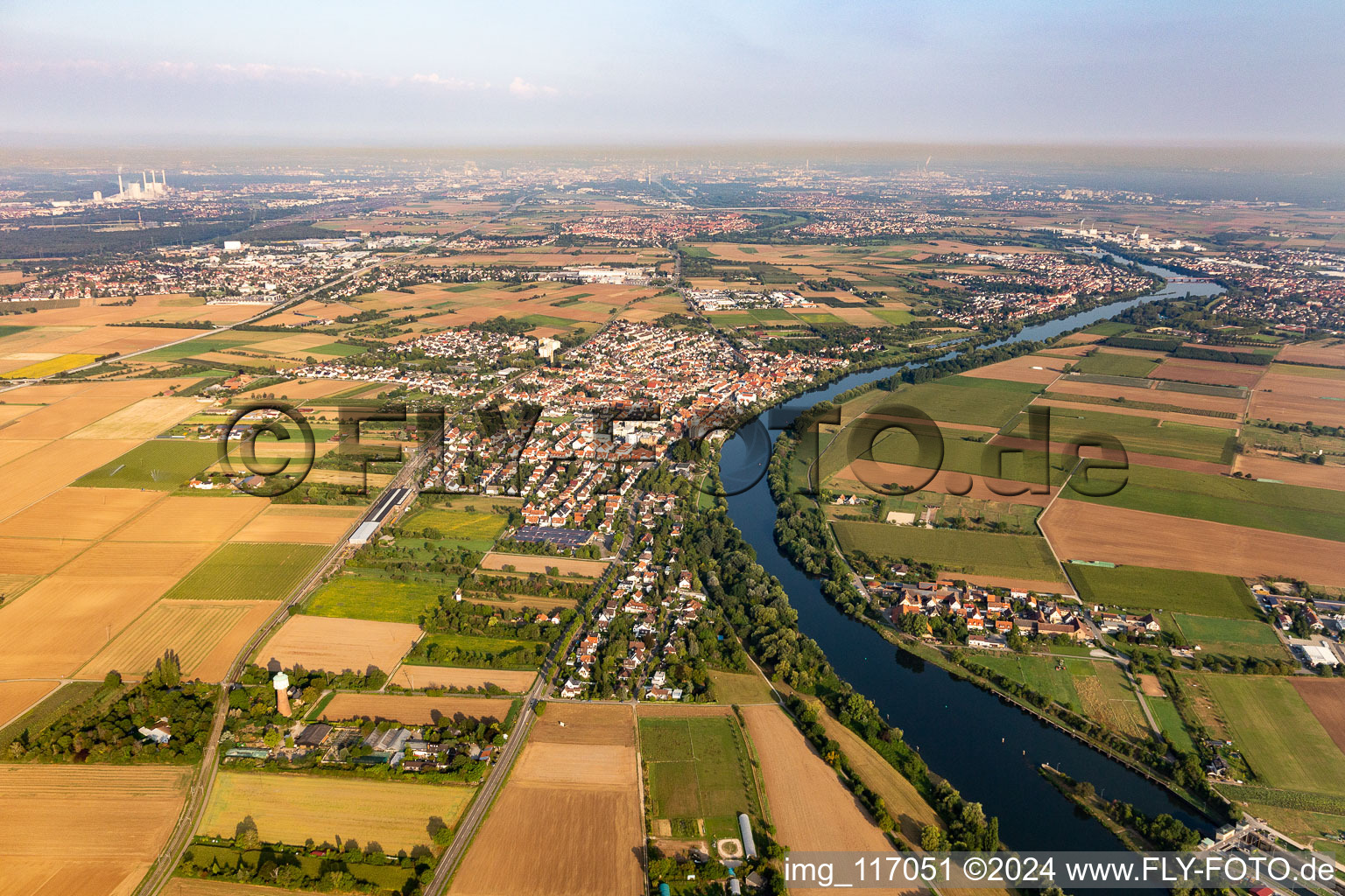 Aerial view of Neckar in Edingen-Neckarhausen in the state Baden-Wuerttemberg, Germany