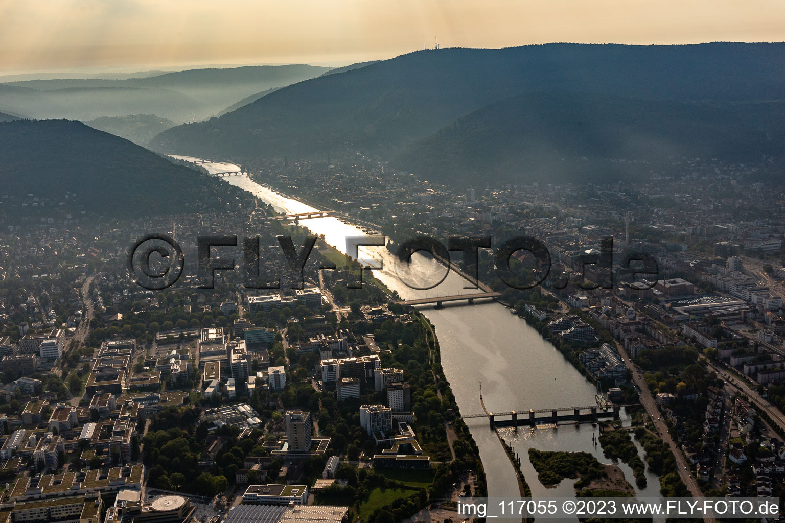 2 2 River - bridges and 2 sluices crossing the Neckar in Heidelberg in the state Baden-Wurttemberg, Germany