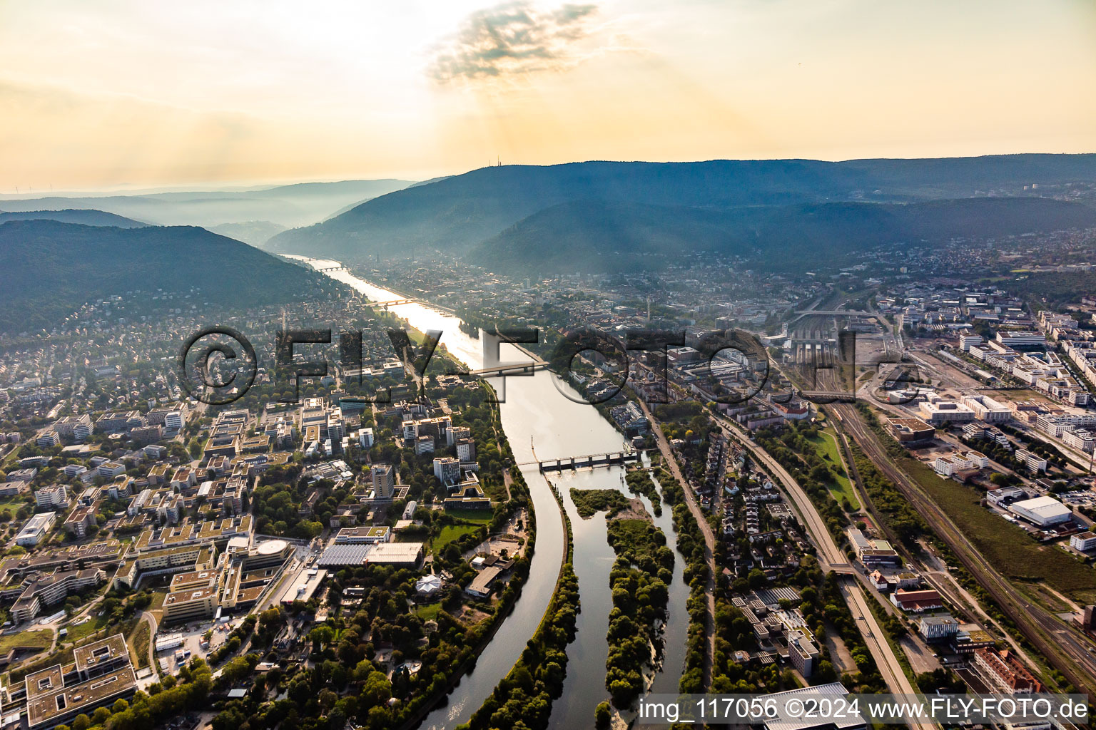 Aerial view of 2 2 River - bridges and 2 sluices crossing the Neckar in Heidelberg in the state Baden-Wurttemberg, Germany